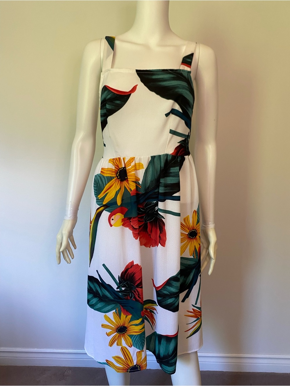 White Floral Midi Dress with Tropical Print